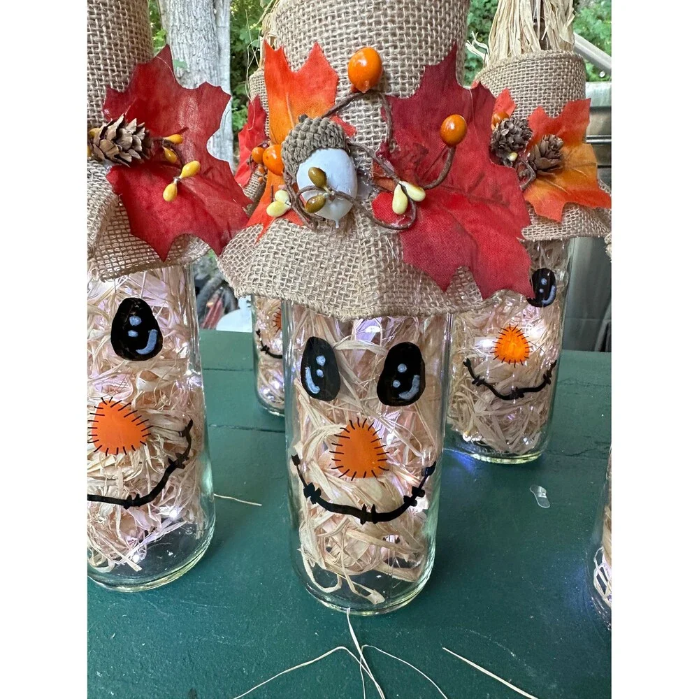 Light Up Scarecrow Bottle w/ Burlap Hat and Raffia “Straw” - New - Handmade